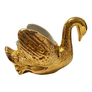Mid 20th Century Vintage 22kt Gold Ceramic Swan Planter or Candy Dish For Sale