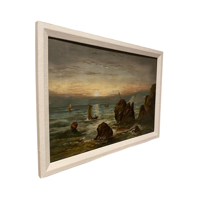 Mid 20th Century Mid-Century Sea Oil Painting With Linen Frame For Sale - Image 5 of 9