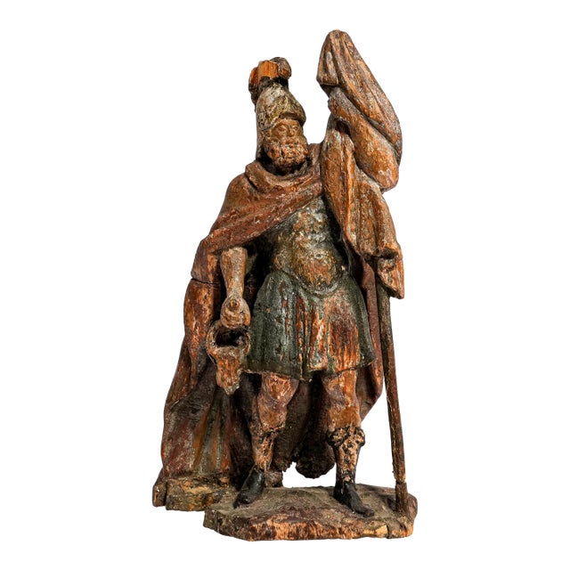 Wonderful Continental Polychrome Antique 18th Century Carved Wood Statue Sculpture Warrior Man Old World European Decor For Sale