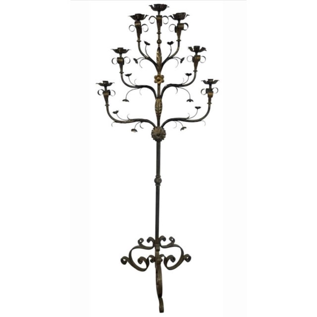Spanish Revival 64-Inch Spanish Revival Wrought Iron Nine-Light Tree Form Floor Candelabra For Sale - Image 3 of 12