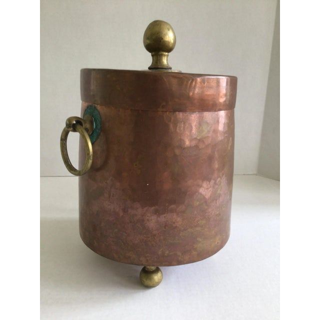 1920s Hammered Copper Ice Bucket with Brass Feet, Handles, and Knob Natural Verdigris Patina around fittings