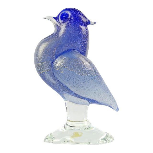 Vintage Seguso Murano Cobalt Blue Opal Gold Flecks Italian Art Glass Mid-Century Bird Sculpture For Sale