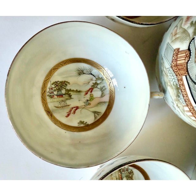 1970s Japanese Hand-Painted Eggshell Porcelain Landscape Luncheon Tea Set - 36 Pieces For Sale - Image 12 of 17