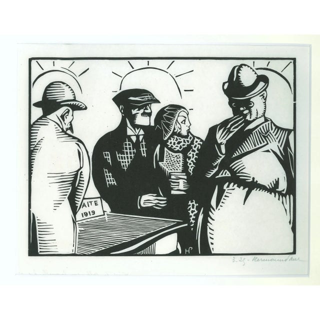 Figures is an original modern artwork realized in 1929 in France by Paul Hermann (1879 - 1969). Original woodcut print on...