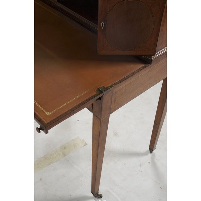 English Early 19th Century Georgian Inlaid Mahogany Bonheur Du Jour Desk With Fold-Out Leather Writing Surface For Sale - Image 3 of 9