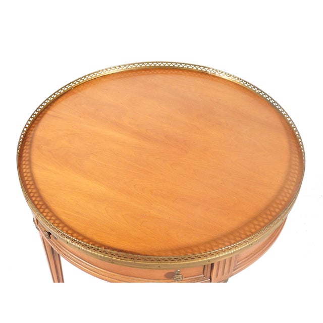 Brandt Louis XVI Style Bouillotte Wood and Brass Side Table, 20th C., with brass gallery trim, drawer with dovetail,...