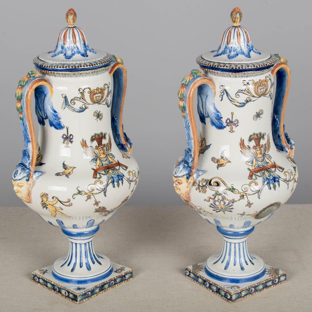 Ceramic Pair of 19th Century French Gien Faience Urns For Sale - Image 7 of 15