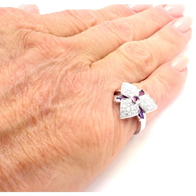 Silver Cartier Caresse D'orchidées Orchid Flower 18k White Gold Diamond Amethyst Ring, size 4.75 For Sale - Image 8 of 8