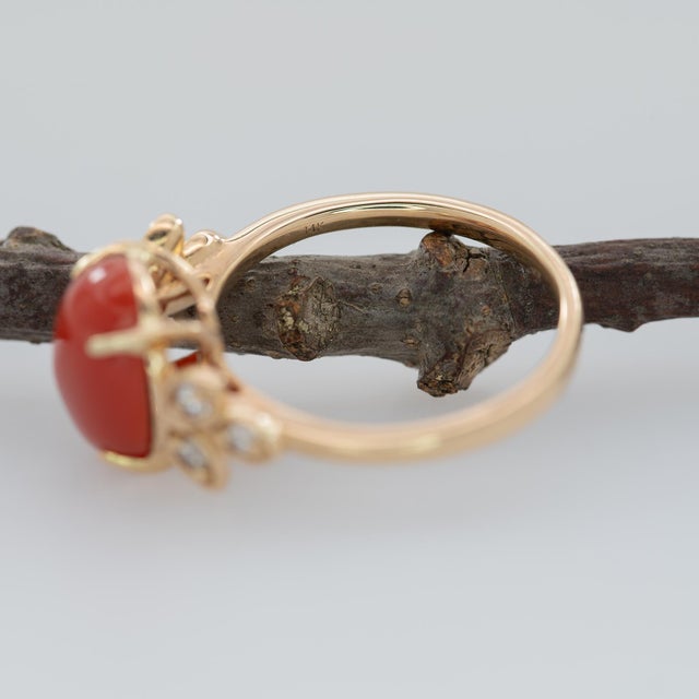 Orange 2.3Ct Italian Coral Ring With Natural Diamond Accents: Solid 14k Gold, 10x8mm, Size 5 For Sale - Image 8 of 8