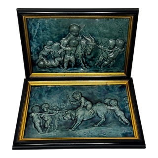 Pair Arts & Crafts Ceramic Relief Plaques Children With Goat & Children With Satyr & Dog c.1909 Attributed to Reginald Robert Tomlinson For Sale