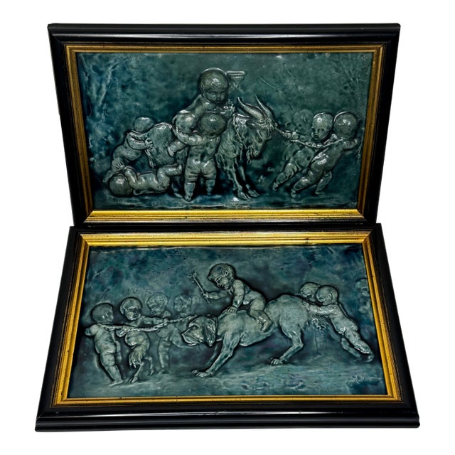Pair Arts & Crafts Ceramic Relief Plaques Children With Goat & Children With Satyr & Dog c.1909 Attributed to Reginald Robert Tomlinson For Sale