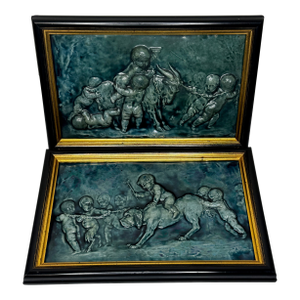 Pair Arts & Crafts Ceramic Relief Plaques Children With Goat & Children With Satyr & Dog c.1909 Reginald Robert Tomlinson