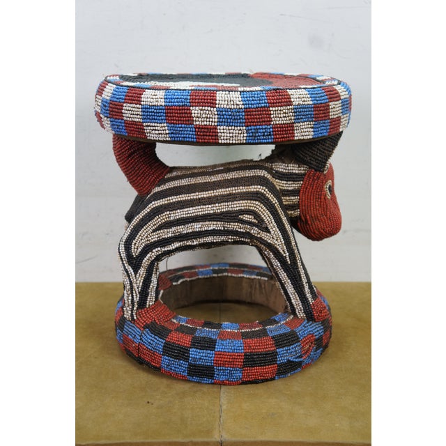 Late 20th Century Late 20th Century African Cameroon Bamileke Tribal Beaded Zoomorphic Side Table Stool 16" For Sale - Image 5 of 16