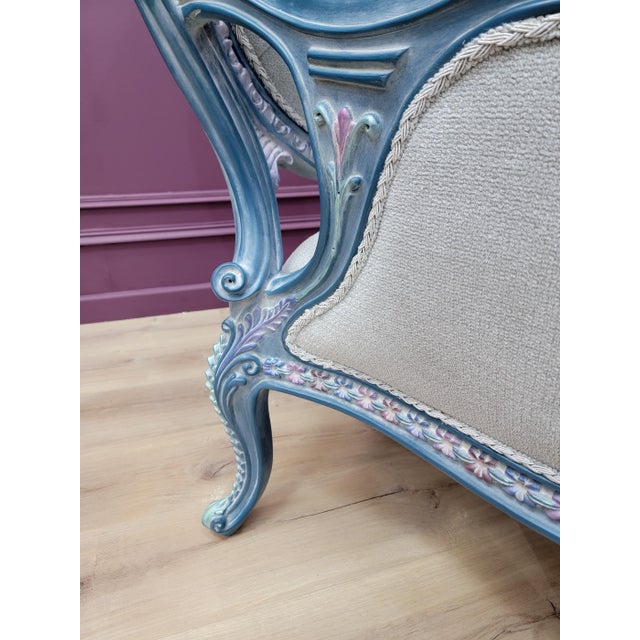 1970s French Provincial Living Room Set | Hand Carved Baroque Sofa & Armchairs | Blue and Rose Gold Ornate Tufted 4-Piece Set For Sale - Image 17 of 18
