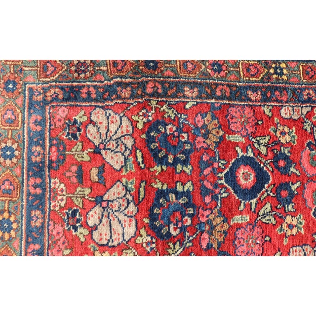 Tribal Antique Persian Bidjar Rug With Red Field and Bold Blue Floral Design 4'5 X 6'5 For Sale - Image 3 of 12