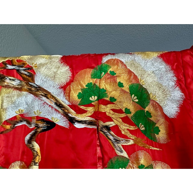 Vintage Red Brocade With Flying Cranes Japanese Ceremonial Kimono For Sale - Image 13 of 18