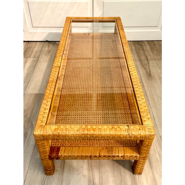 Bielecky Brothers Mid-Century Two-Tier Woven Rattan & Cane Coffee Table With Glass Top For Sale - Image 4 of 15