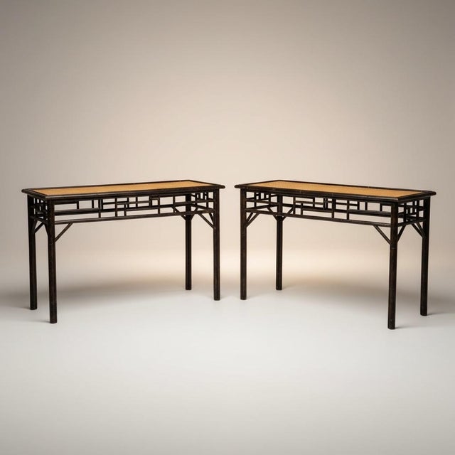 Chinese Chippendale Style Faux Tortoise & Grasscloth Rattan Console Tables Pair For Sale In Atlanta - Image 6 of 8