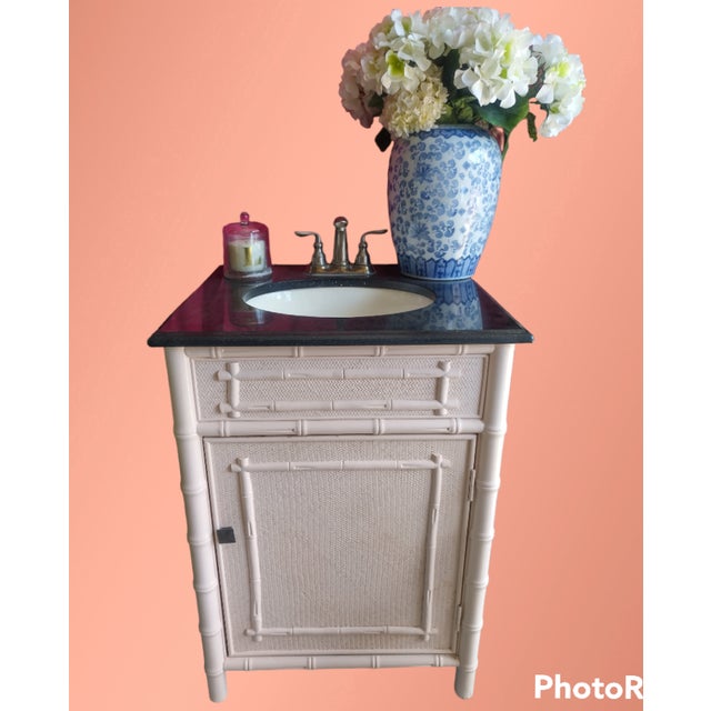 Vintage Faux Bamboo Cane Pale Pink Regency Black Granite Single Sink