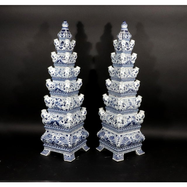 Monumental Flora: Pair of Vintage Blue & White Tulip Vase Pyramids For Sale - Image 4 of 12