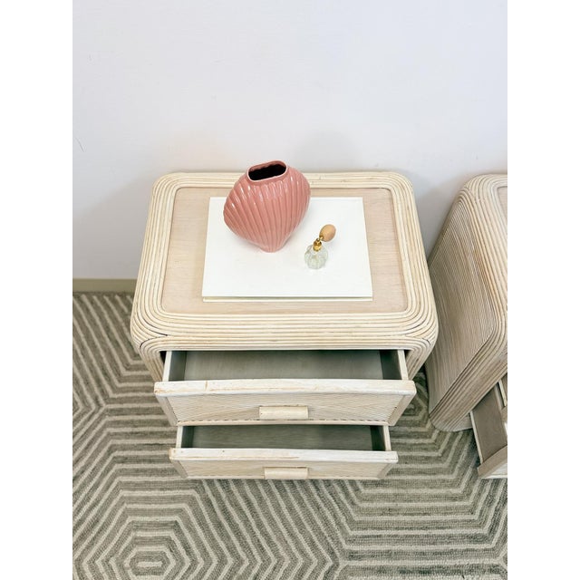 Pair of Vintage Pencil Reed Rattan Nightstand Coastal Hollywood Regency Tables For Sale - Image 9 of 11
