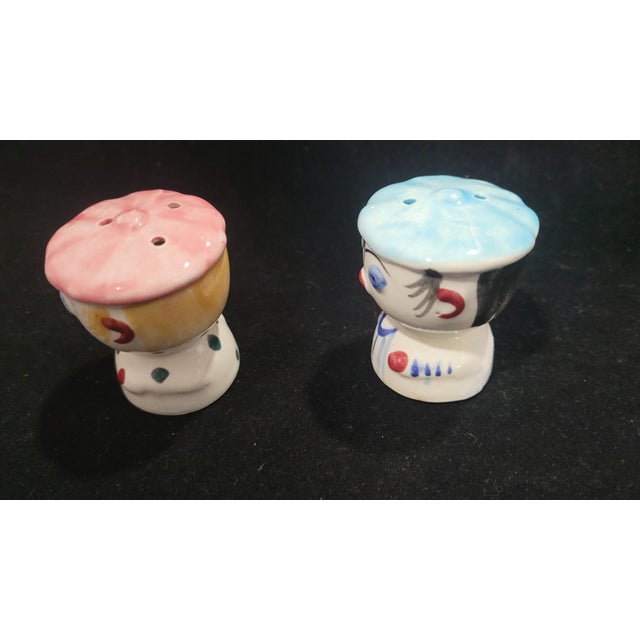 Vintage Boy & Girl Egg Cups Salt Pepper Shakers Japan Kitsch 1950 Fun Set Blue Pink - Set of 4 For Sale - Image 11 of 12