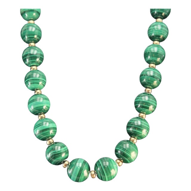 Mid 20th Century Beaded Malachite Necklace With a 14k Yellow Gold Clasp & Accents For Sale