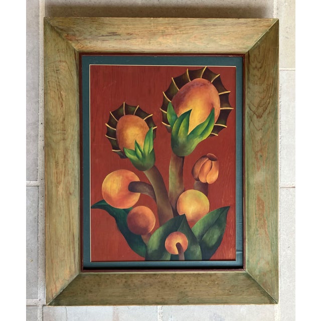 Mid 20th-Century Framed Oil on Board Stylized Botanical Painting For Sale - Image 15 of 18