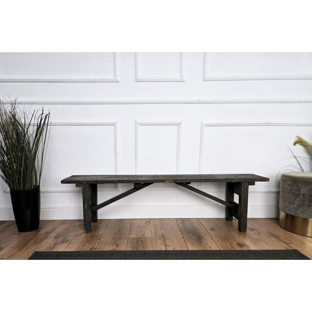 Beautiful Italian rustic primitive country wooden bench, with trestle style legs in original aged green painted color...