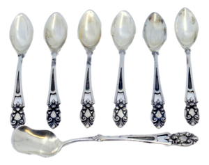 Silver Coffee Spoons and Sugar Shovel with Scalloped Handles, Set of 6