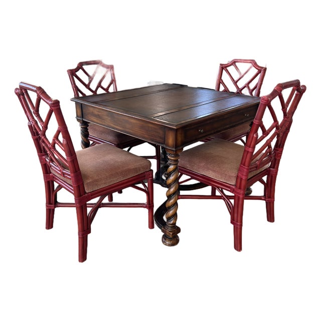 John-Richard 39" X 39" X 30"h Eur-03-0108 Leather Top Walnut Game Table (Mah Jongg) and 4 Red Palecek Bamboo Chippendale Style Dining Chairs For Sale