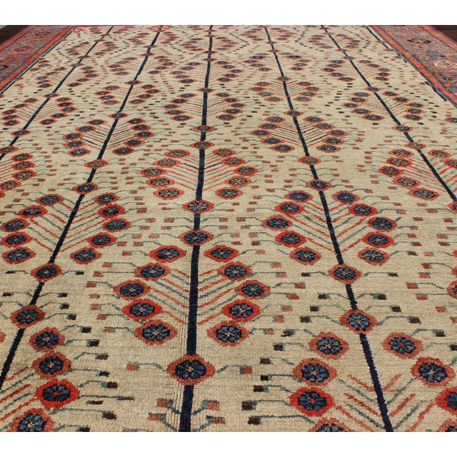 Late 19th Century Antique Persian Serab Rug With Tree Design in Cream, Red, Blue and Brown Colors 8'7 X 12'3 For Sale - Image 5 of 8