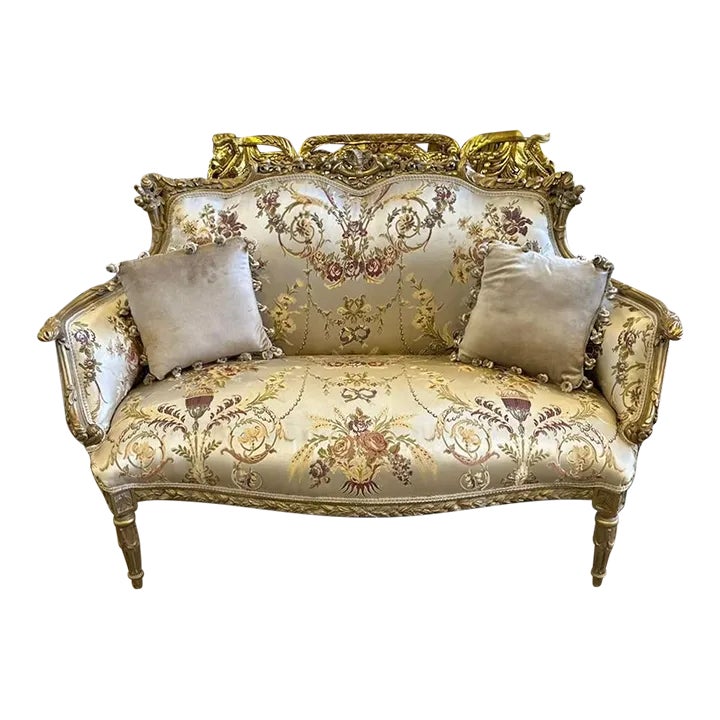 French Style Antique White Tufted Sofa With Gold Details Chairish