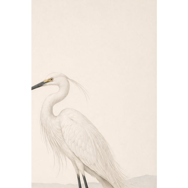 Paper White Egret Coastal Study, Neutral Bird Wall Art Print, 24″ × 36″ Reproduction For Sale - Image 7 of 10
