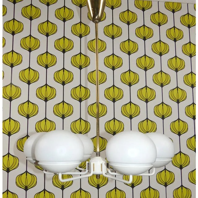 Chandelier in White Metal and Brass with 6 Opal Glass Domes, 1960s For Sale - Image 5 of 9