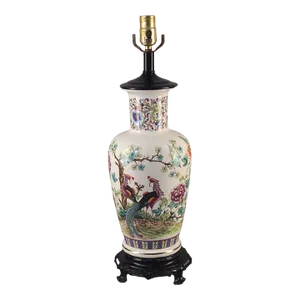 Early 20th Century Asian Chinese Hand Painted Figural Floral Phoenix Bird Porcelain Table Lamp