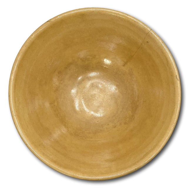 Ceramic Antique Large Thick & Heavy 15 Inch Size Double Cream Banded Yellow Ware Kitchen Mixing Bowl Circa Mid 1800s For Sale - Image 7 of 18