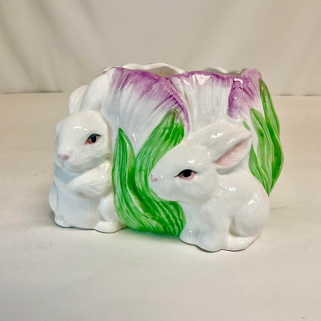 1980s Vintage Hollywood Regency Whimsical Violet Tulip and Bunny Planter - Easter For Sale - Image 4 of 13