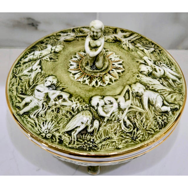 Vintage R. Capodimonte Italian Porcelain Covered Dish With Putti & Birds, Footed Green Gold Compote For Sale In Dallas - Image 6 of 13