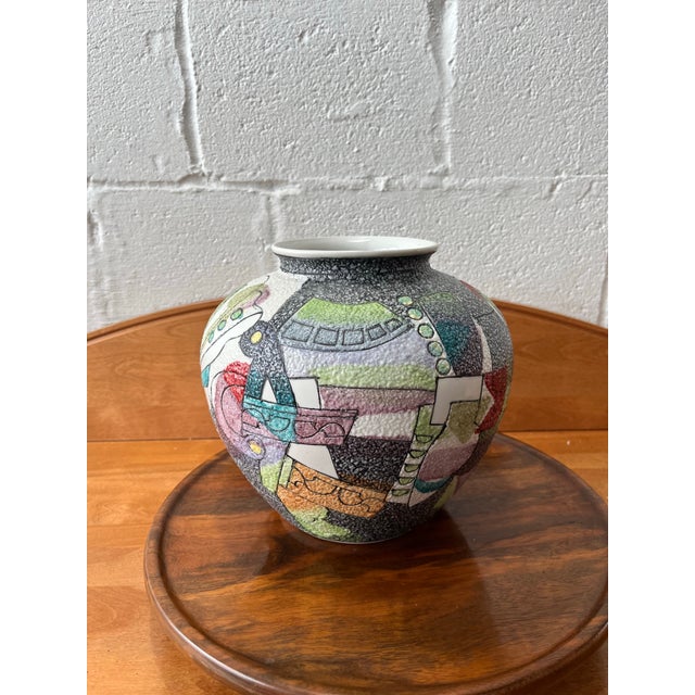 Postmodern Studio Pottery Vase, Textured Fat Lava Glaze Abstract Memphis Style For Sale In New York - Image 6 of 11