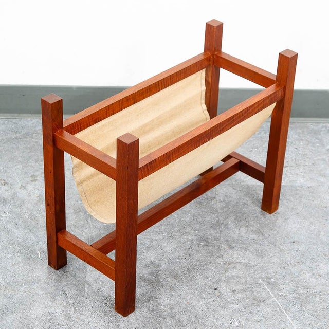Wood Mid Century Modern Magazine Rack Danish Canvas Sling Teak Vintage Tan Brown For Sale - Image 7 of 10