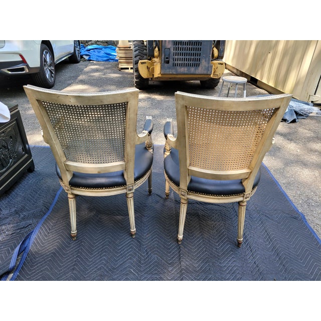 Late 20th Century Pair of Custom Neo-Classical French Cane Back Chairs With Black Leather Seat For Sale - Image 4 of 9
