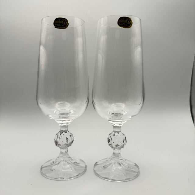 Late 20th Century Bohemia Czech Lead Crystal Wine Ice Tea Beer Goblets Pair Faceted Stem Heavy Clear Glass - a Pair For Sale - Image 9 of 12