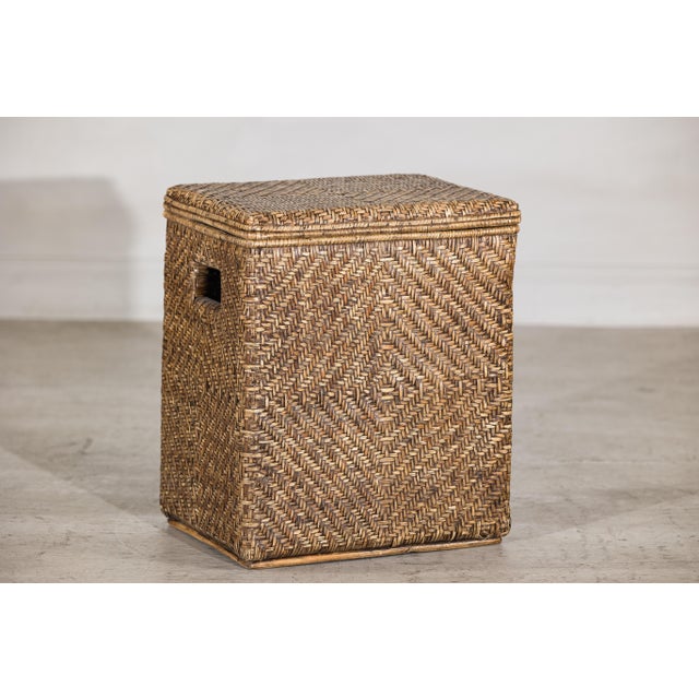 Vintage Rattan Over Wood Storage Basket with Removable Lid and Side Handles For Sale - Image 15 of 17