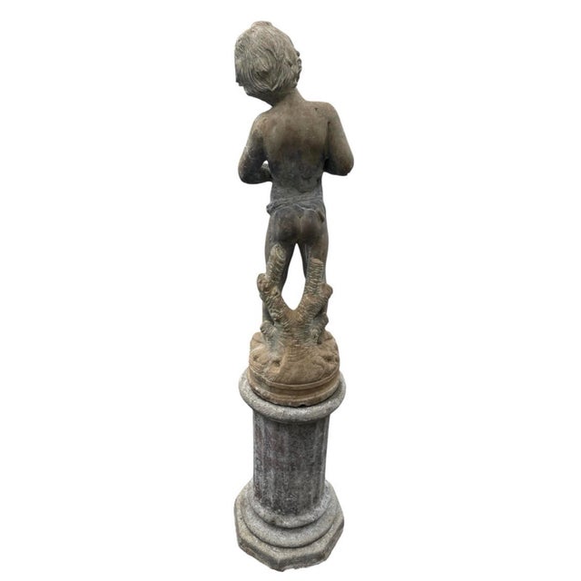 1990s Vintage Cast Stone Centerpiece Fountain Featuring a Pan Flute Playing Putto on a Column For Sale - Image 5 of 12