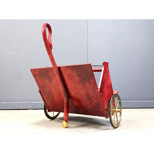 Mid-Century Modern Italian Lacquered Goatskin Swan Bar Cart by Aldo Tura, 1960s For Sale - Image 3 of 11
