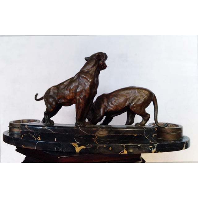 Art Deco Austrian Art Deco Bronze Big Cat Double Inkwell Desk Set on Black Veined Marble For Sale - Image 3 of 7