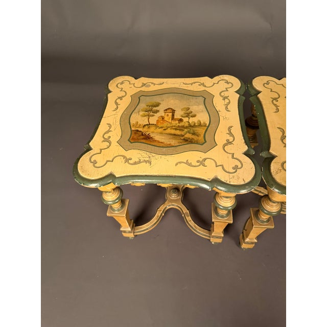 Light Yellow Pair of French Louis XVI Style Polychrome Side Tables With Painted Country Manor Tops, Circa 1920 For Sale - Image 8 of 12