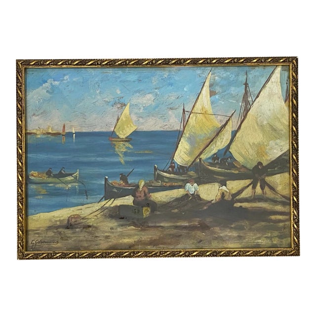 Early 20th Century "Net Menders" Original Oil Painting C.1920 For Sale