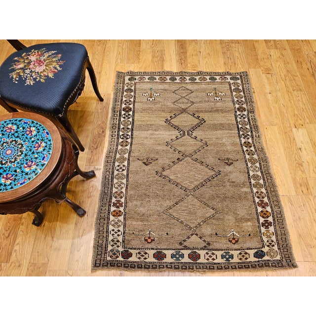 Taupe Vintage Kurdish Bidjar Tribal Rug, Hand-Knotted Wool, Geometric Pattern, Straw & Ivory, 4x5 For Sale - Image 8 of 17